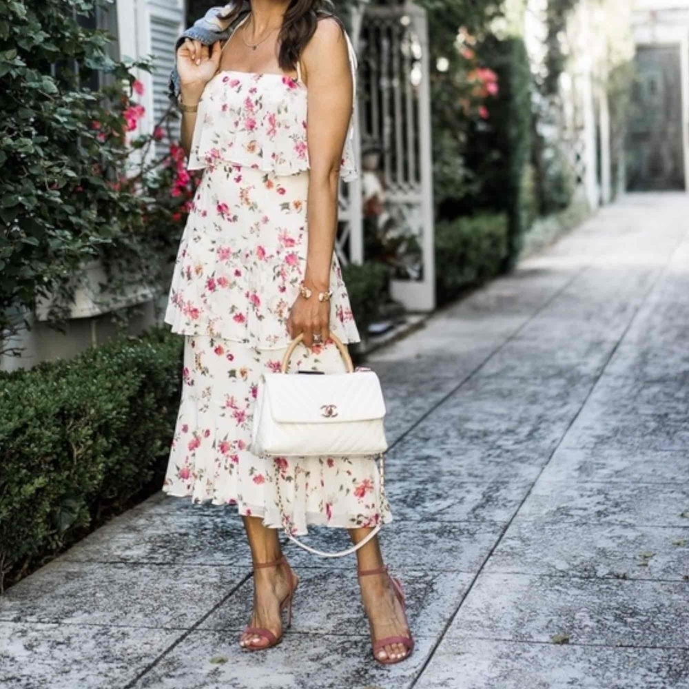 Wayf Imola Tiered Midi Maxi Dress White Floral Size XS fits Small Med NWOT - Picture 5 of 8